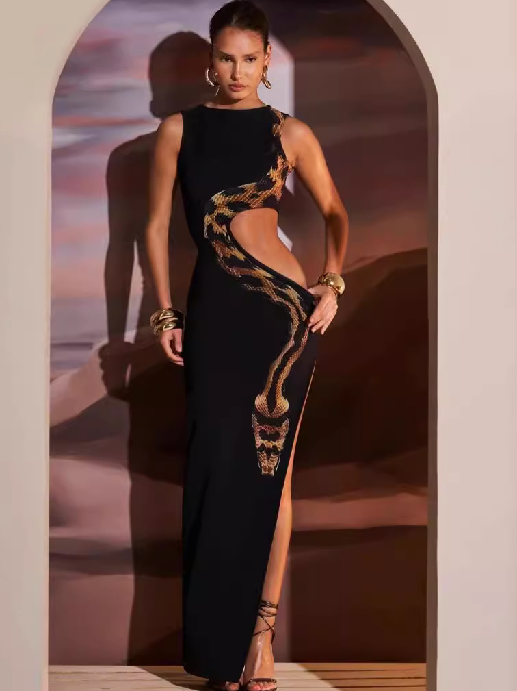 2024 Summer New European and American Side Waist Hollow Animal Pattern Dress Sexy Slim Slit Long Skirt Women's Skirt Wholesale