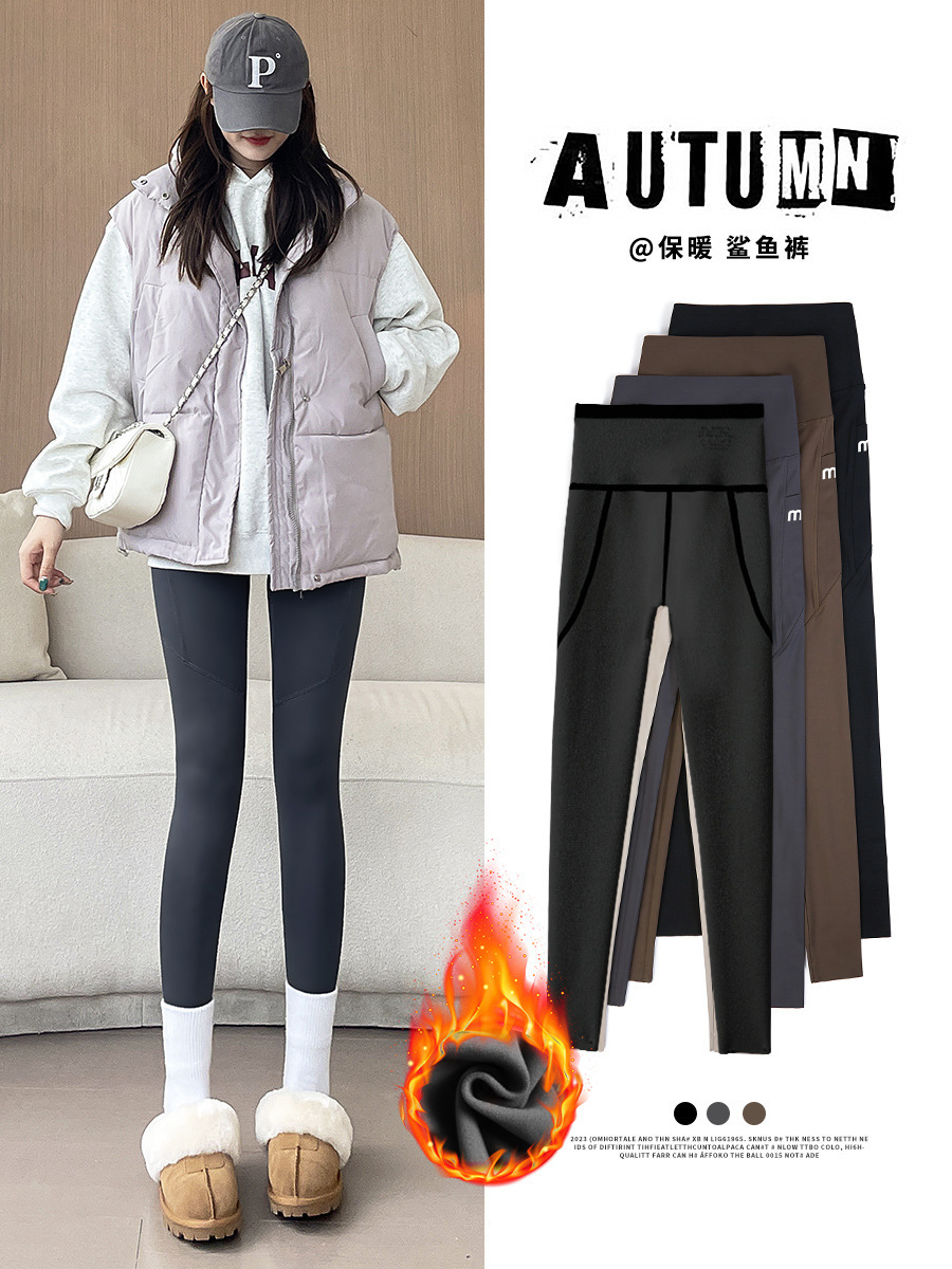 Nylon Shark Pants fleece-lined Women's Autumn and Winter Tight Barbie Pants Thick No Embarrassment Line Plus Pocket Warm Pants Leggings