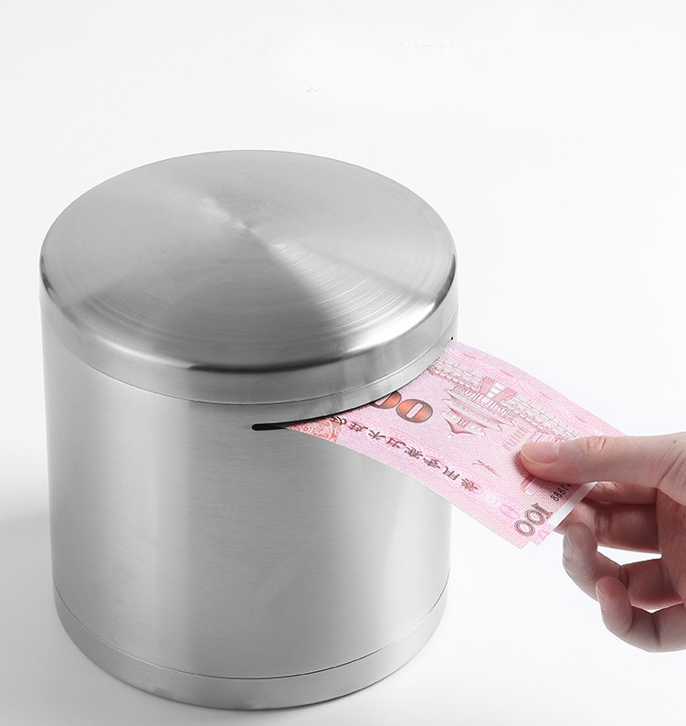 Picture of Cylindrical Stainless Steel Piggy Bank with Large Capacity, Only Deposits No Withdrawals, Student Piggy Bank, Can Only Deposit but Not Withdraw, Children's Money Box