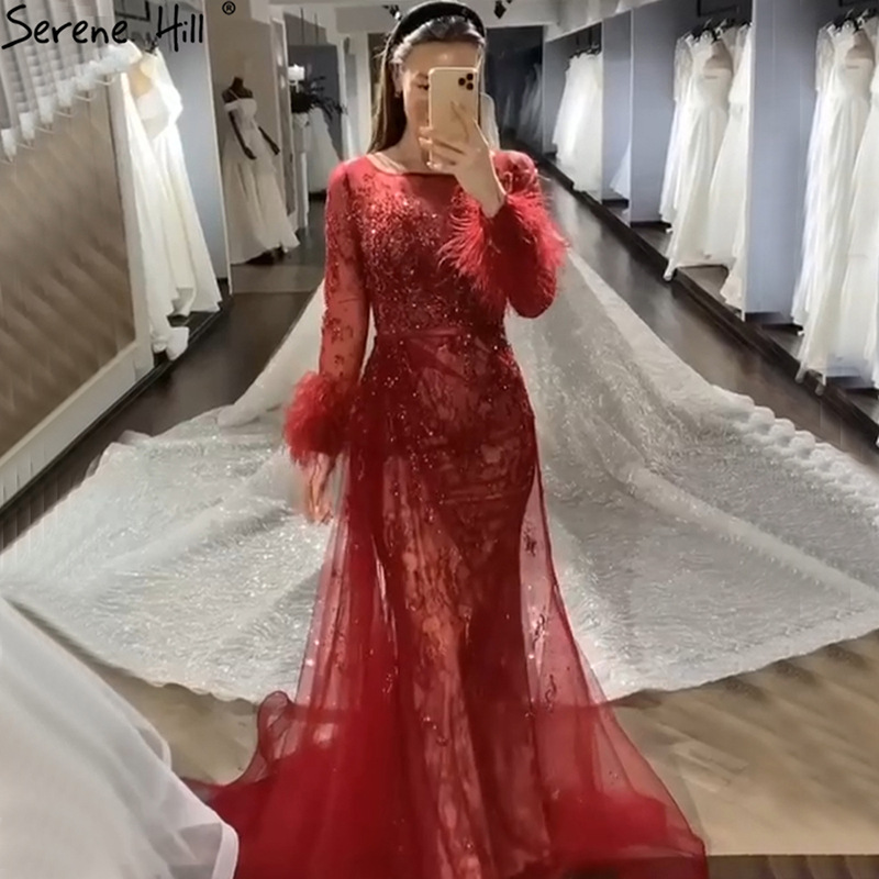 High-end feather elegant fishtail dress engagement evening dress bridal toast dress light luxury niche LA70827