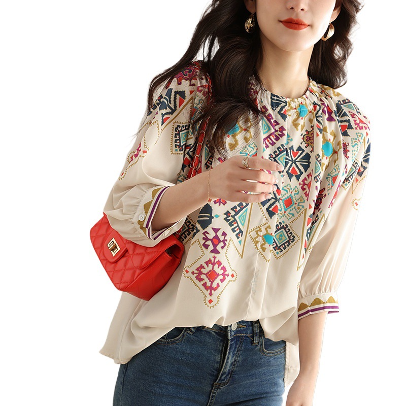 Picture of 2024 Chiffon Shirt Women's Three-Quarter Sleeve Summer 2023 New Shirt Design Niche Feminine Belly-Covering Top