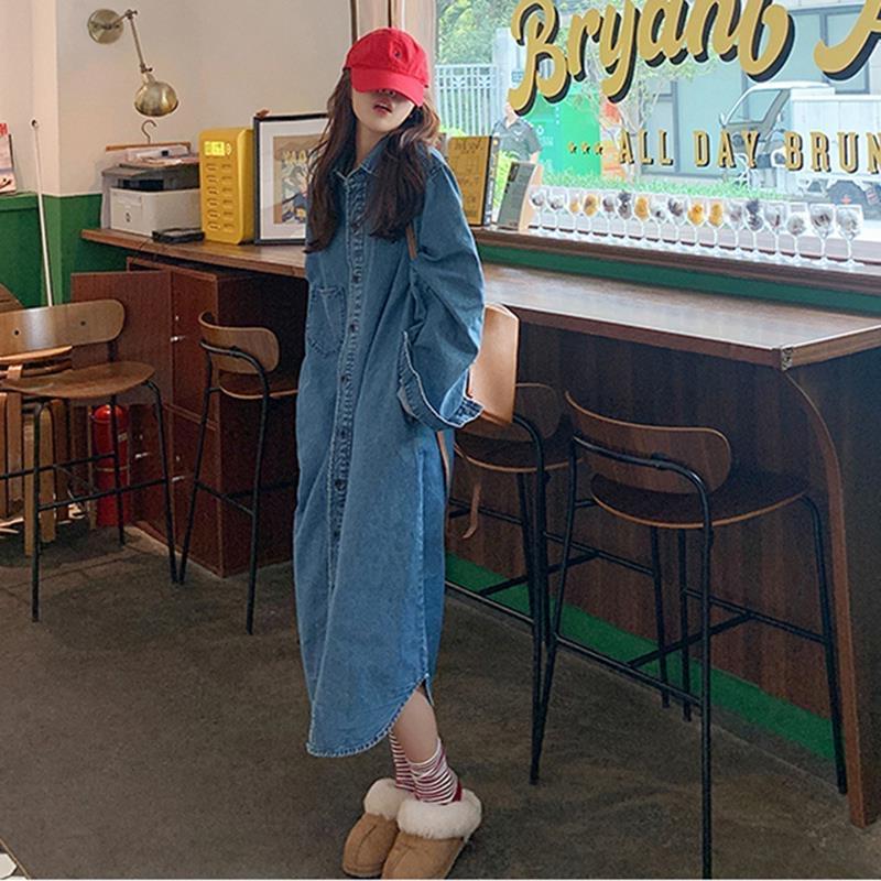 Autumn Clothing 2024 New Cool Style Women's Long French Imitation Denim Long-Sleeved Shirt Dress