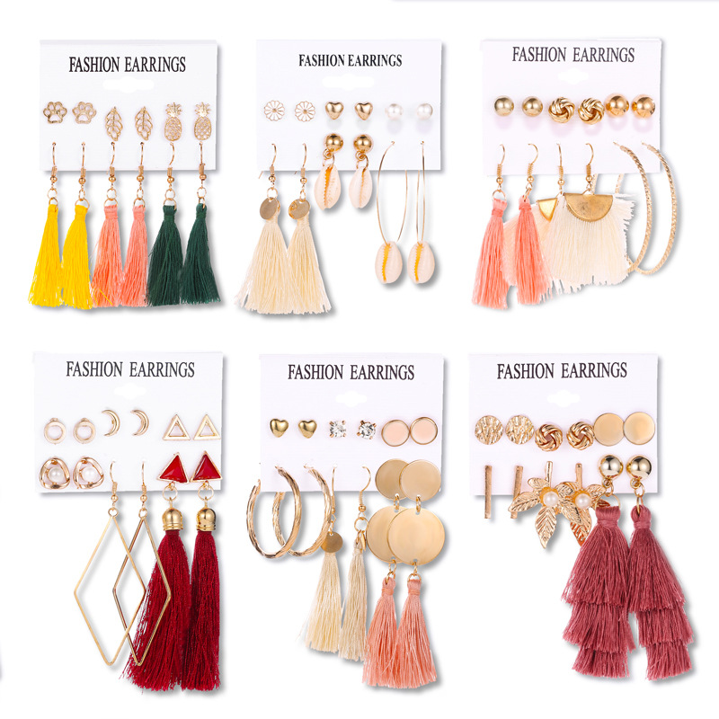 Cross-border hot suit tassel earrings Bohemia 6 pairs of earrings European and American earrings manufacturers wholesale