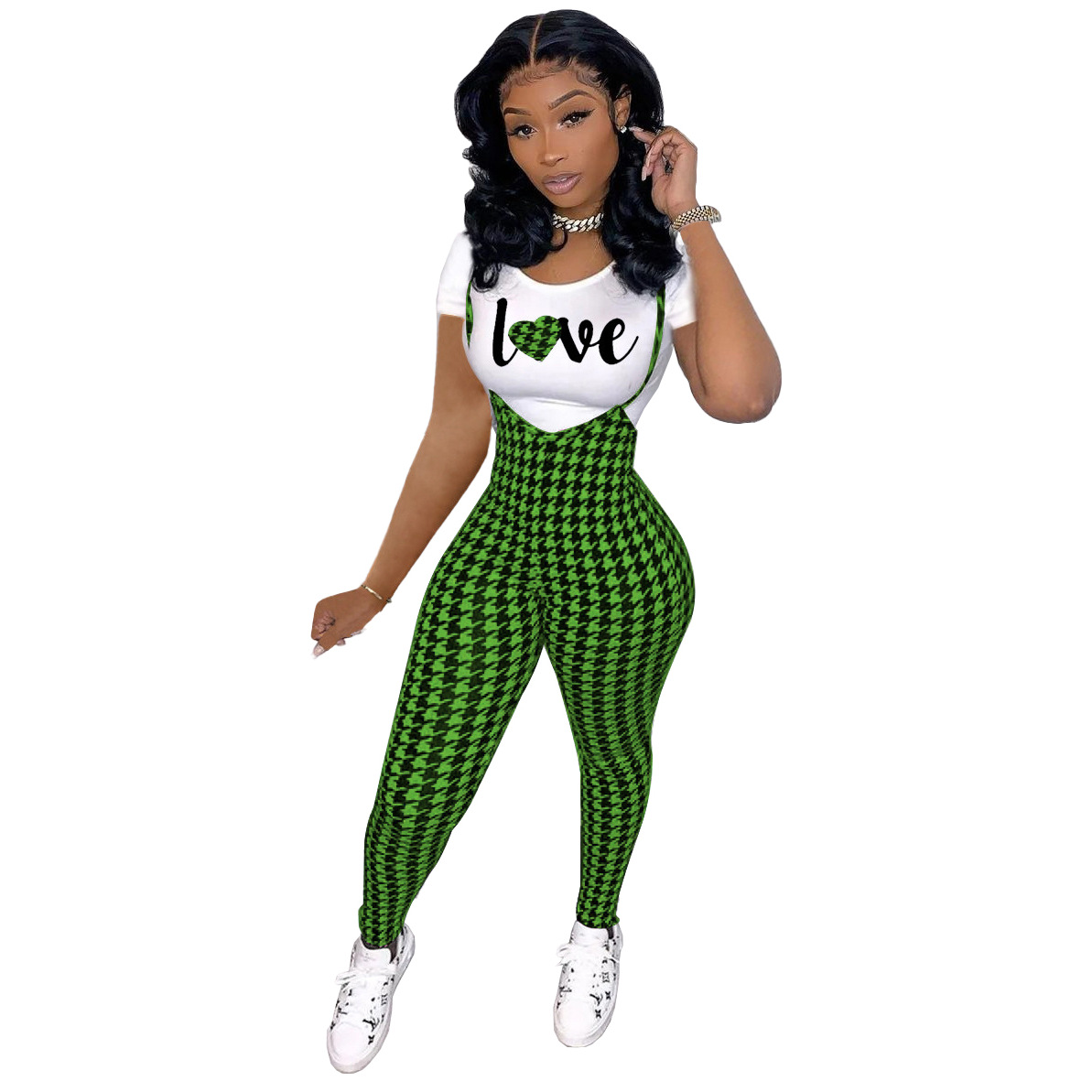 Picture of D9828 Amazon Hot Selling European and American Women's Fashion Pattern Printed Short Sleeve T-Shirt + Sling Jumpsuit Set