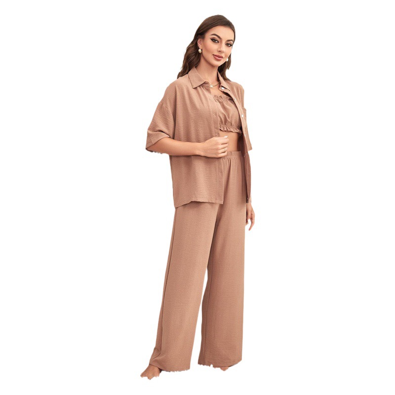 European and American Women's Three-Piece Pajamas Set Spring and Summer Sexy Camisole Tube Top Short-Sleeved Trousers Home Clothes Cross-Border Amazon