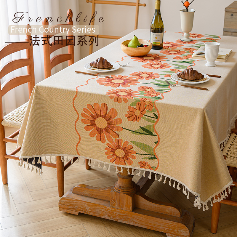 High-grade high-grade table cloth cotton and linen fabric yellow chrysanthemum pastoral French embroidery high-grade new tablecloth cover cloth