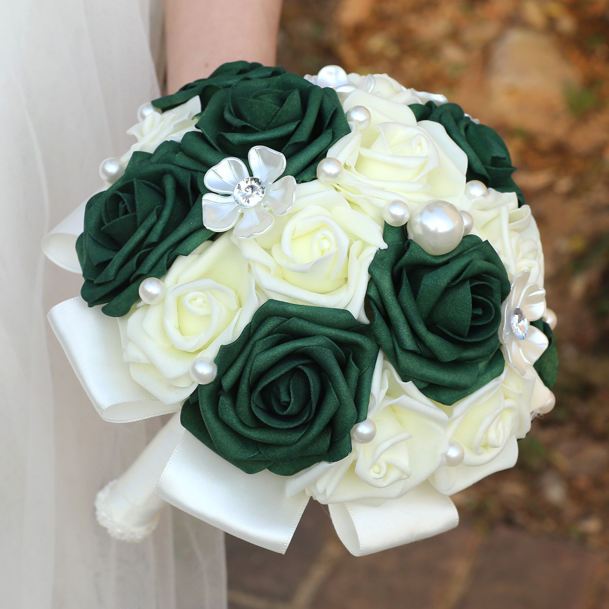 Dark Green Simulated Pe Foam Rose Bridal Wedding Bouquet Bridesmaid Wedding Ribbon Eternal Bouquet Pe527