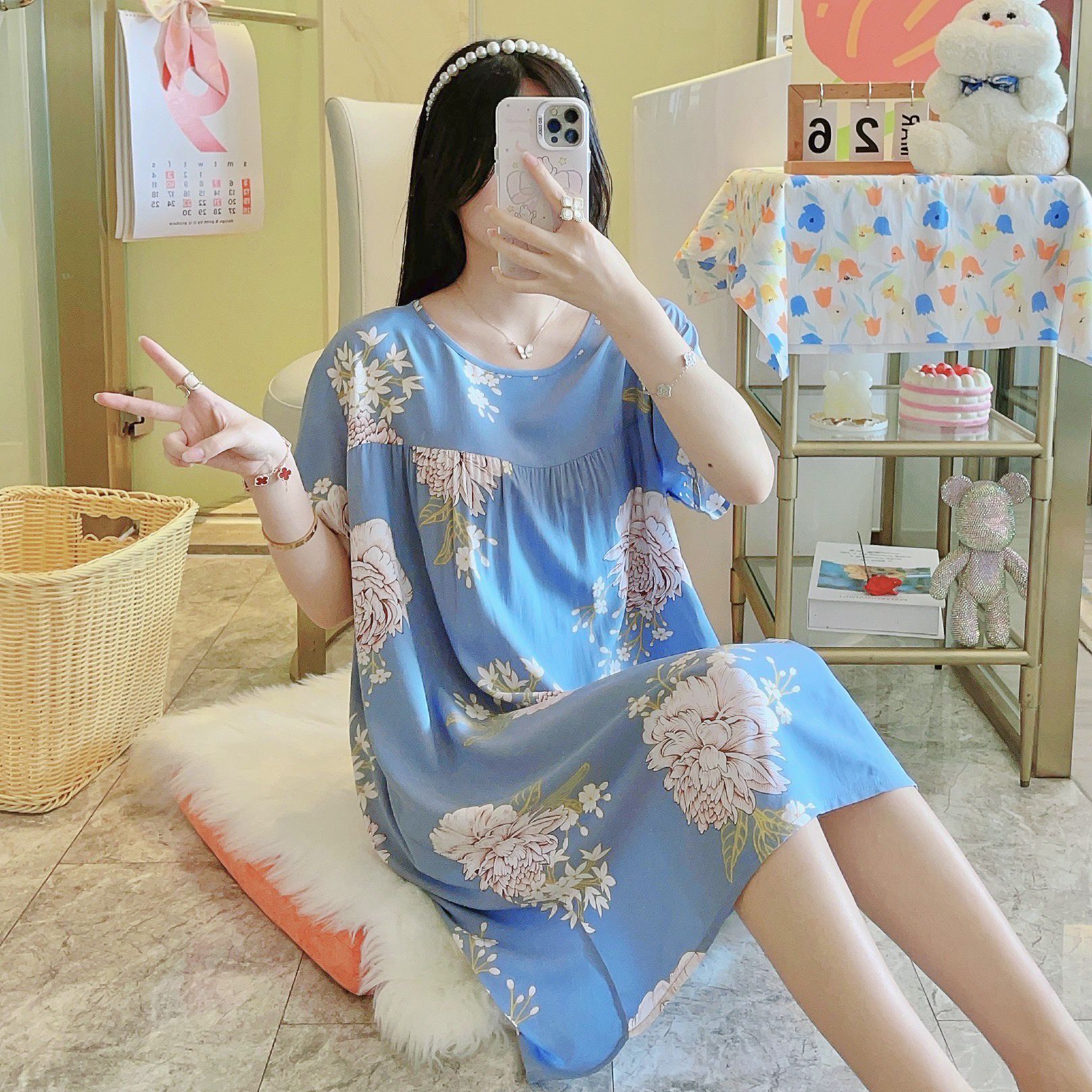 Picture of Cotton Silk Nightgown Women's Spring and Autumn Summer Thin Pajamas Korean Sweet Girls Online Celebrant Live Explosions Home Outwear Skirt