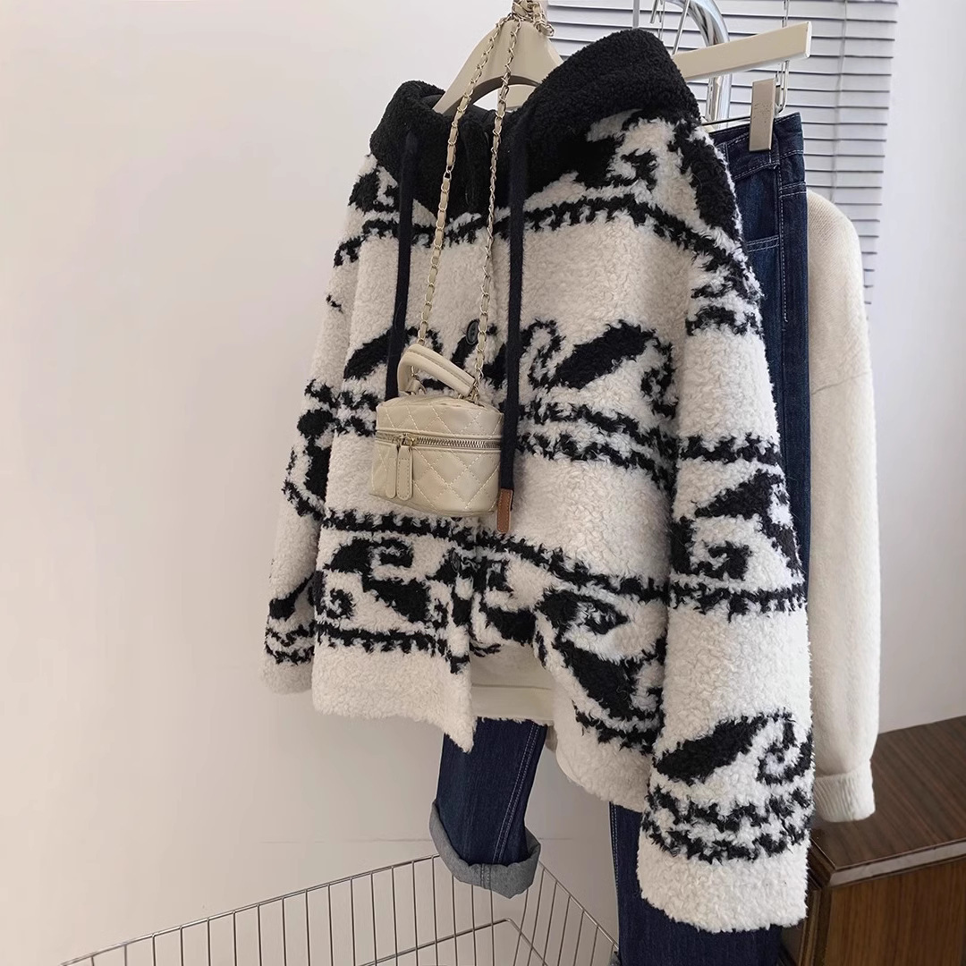 Cashmere Contrast Cardigan Hooded Sweater Women's Spring and Autumn Loose Lazy Style Small Soft Waxy Thickened Knitted Sweater
