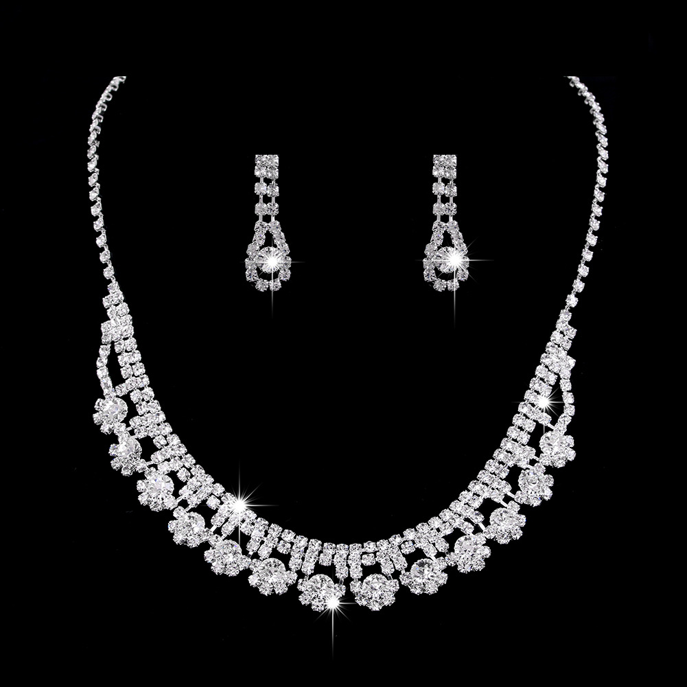 Picture of Brilliant diamond zircon water drop necklace earrings bride wedding jewelry shooting jewelry set wholesale