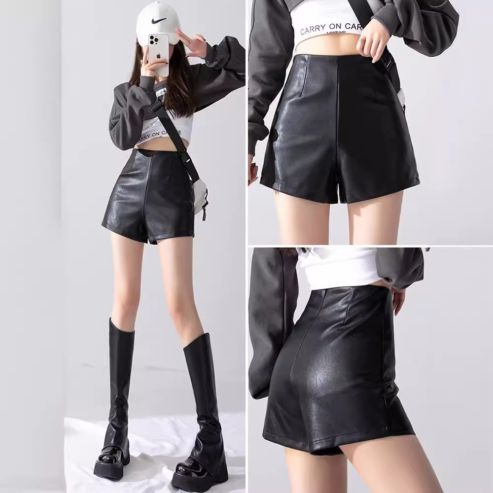 Small PU Leather Pants Shorts Women's Outer Wear 2023 Autumn and Winter New Black High Waist A- Shaped Base Boots Pants
