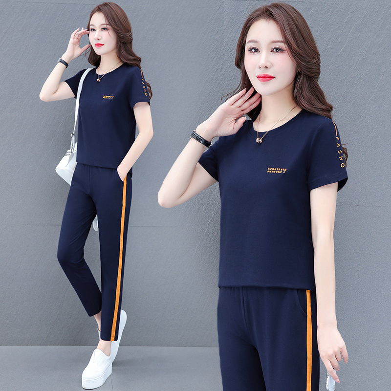 Picture of Pure Cotton Stretch Middle-aged Mother's Casual Sports Suit Women's Summer Short-sleeved Trousers All-match Square Dance Two-piece Set