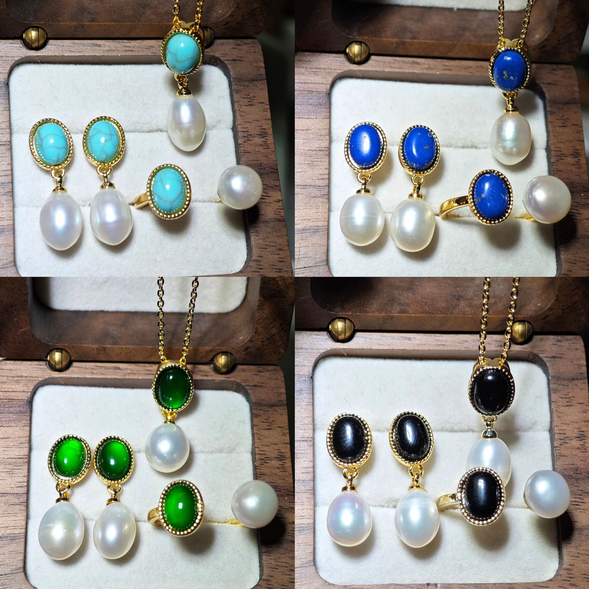 Dantao Jewelry Natural Pearl Earrings Necklace Ring Three-Piece Set Green Pine Pearl Jewelry suit Green Pine Earrings for Women