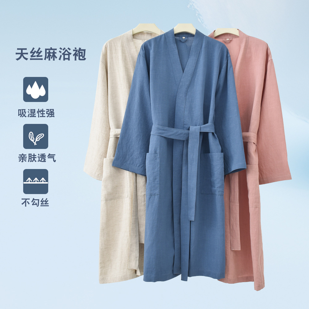 Picture of Spring and Summer Gastrodia Linen Bathrobe Bathrobe Pajamas Nightgown Home Clothing Absorbent Breathable Skin-friendly Bacteriostatic Sensitive Skin
