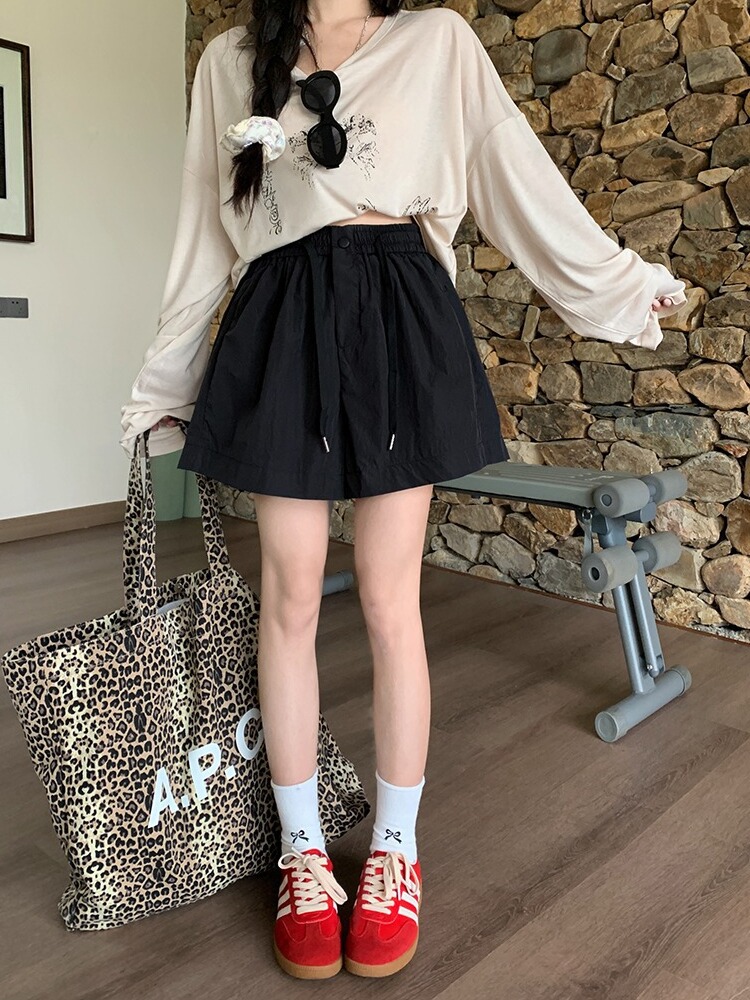 khaki elastic waist workwear sports shorts summer pants thin women's outer wear pleated loose wide leg casual pants