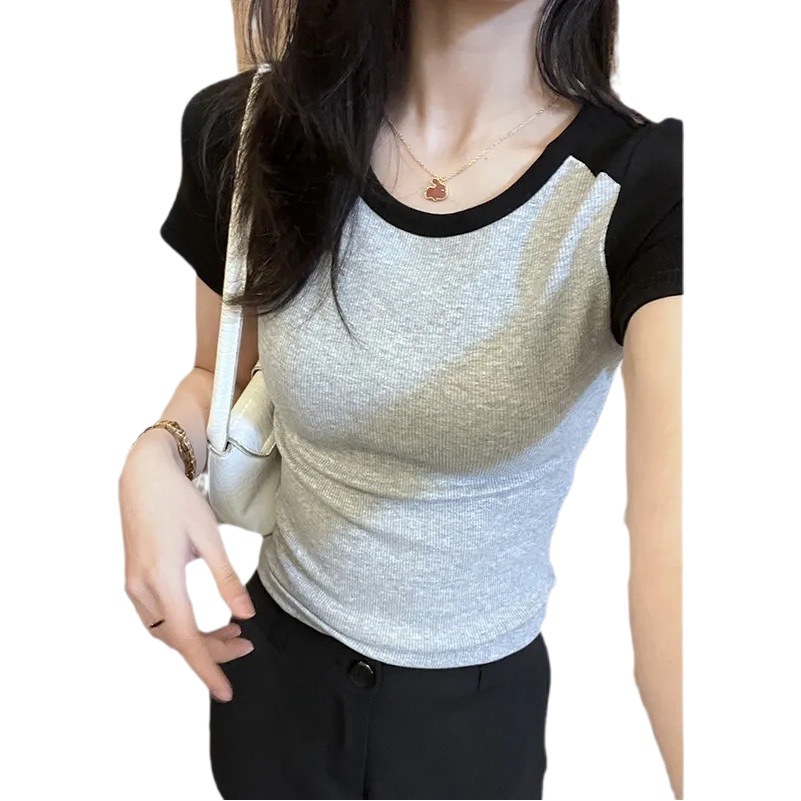 2024 New Stitching Color Contrast Short-sleeved T-shirt Women's Summer Slim-fit Slimming Design Sense Elegant Casual All-match Top