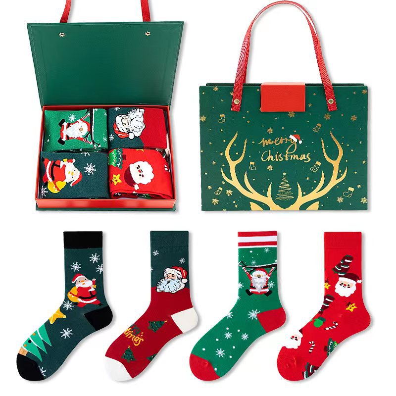 4 Pairs of Christmas Socks Gift Box Set European and American Cross-Border Santa Claus Snowman Cartoon Cotton Socks Christmas Socks Wholesale