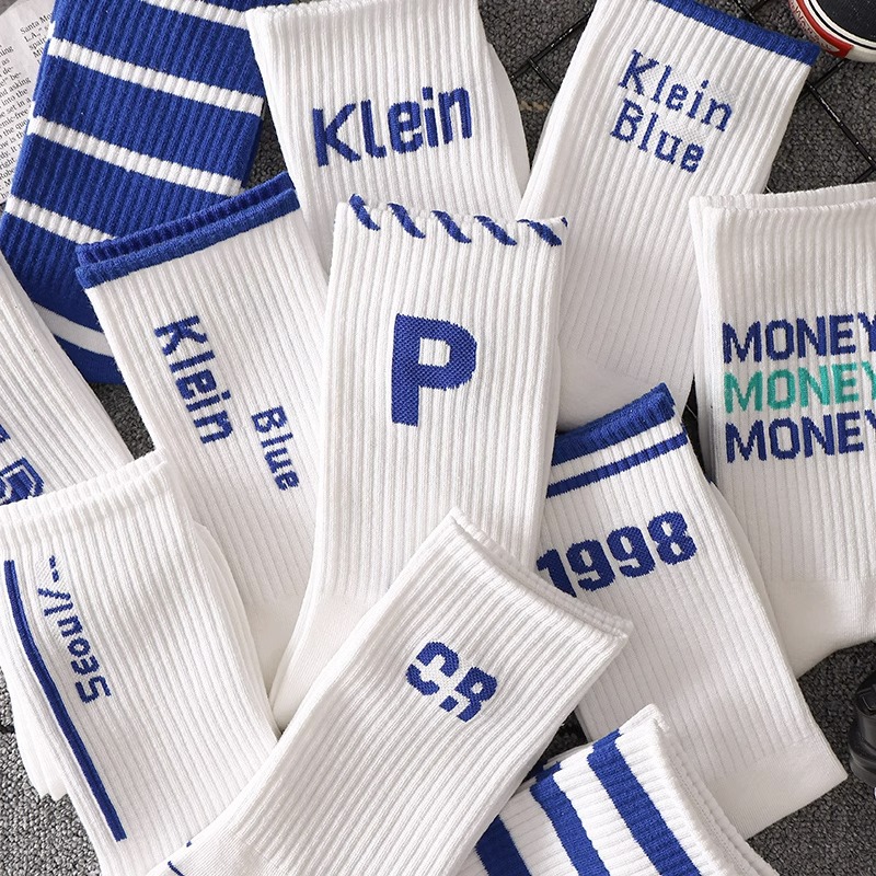 Klein blue socks Women's Spring and Autumn Mid-calf length socks ins popular Net red chessboard plaid sports stockings women couple Men