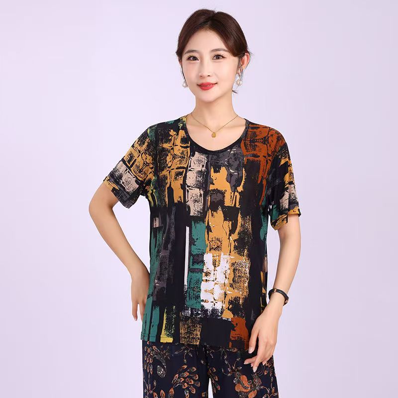 Picture of Middle-aged summer short-sleeved women's T-shirt mother outfit for the elderly loose elastic casual round neck plus size ice silk wholesale