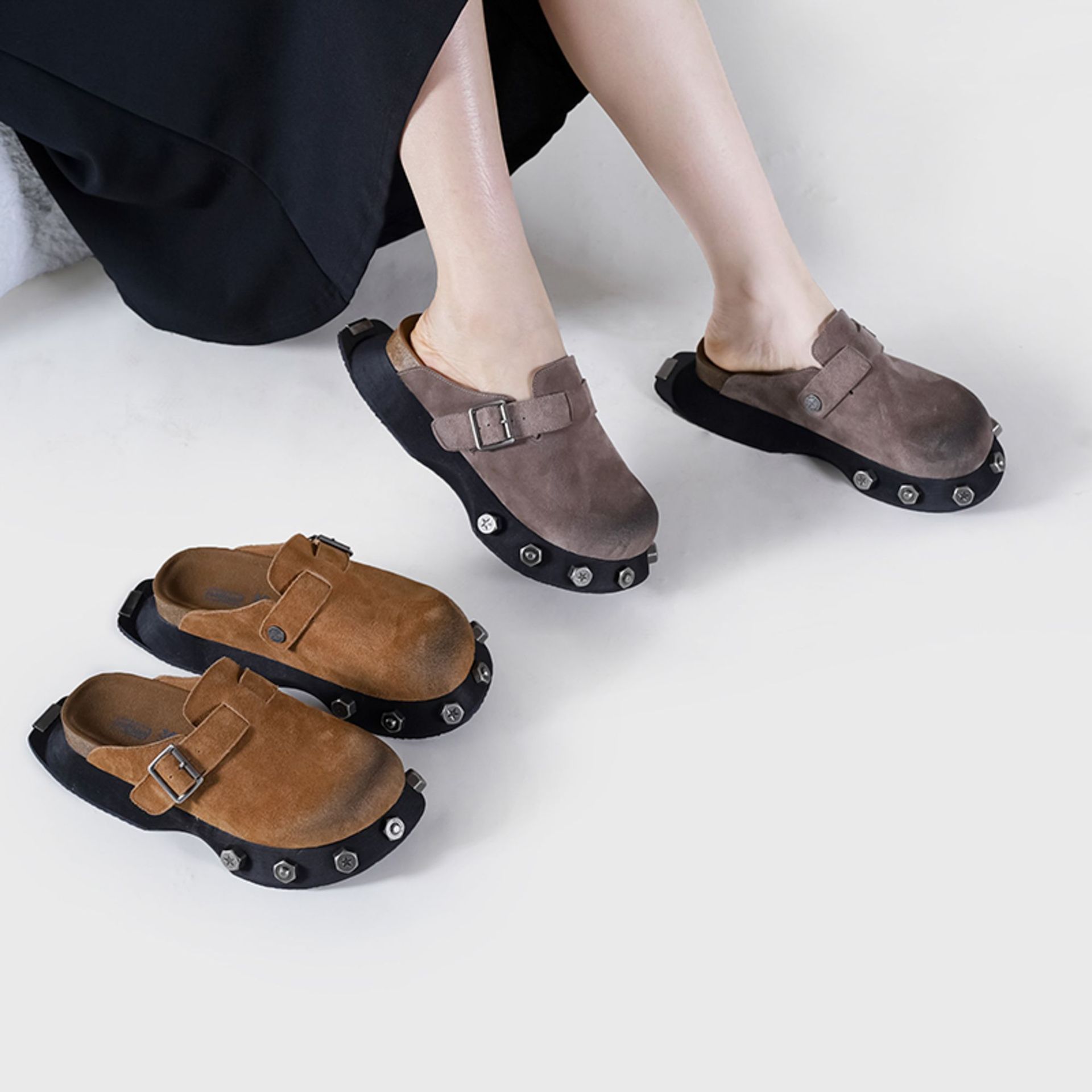 Retro Gray-Brown Birkenstock Shoes, Ultra-Thick Sole Genuine Cowhide Toe-Cap Half Slippers 2025 New Rivet Slip-On Half Slippers