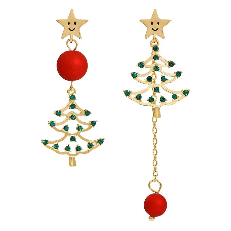 Christmas Earrings Cross-border Fashion Christmas Tree Pearl Stars Diamond Asymmetrical Earrings Earrings Cute Earrings for Women
