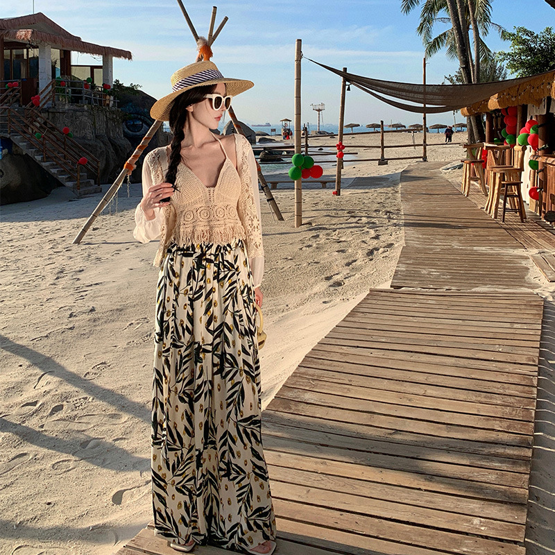 Picture of Bohemian beach culottes women's summer seaside wear thin split wide-leg pants floral draping mop pants trousers