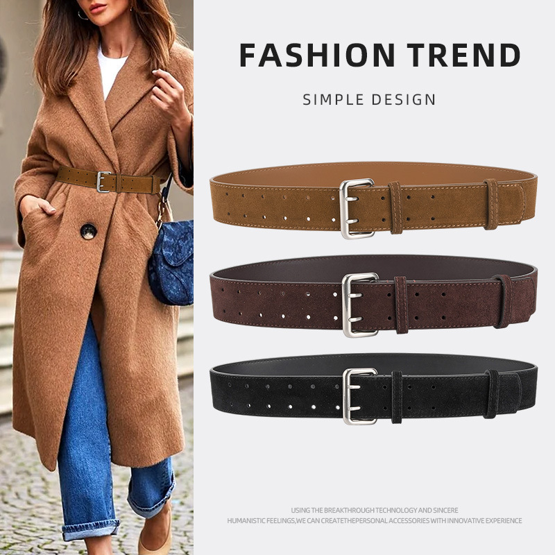 European and American Personality Double-breasted Belt Women's Frosted Design Sense Coat Jacket Real Cowhide Retro Belt Women's Cross-border