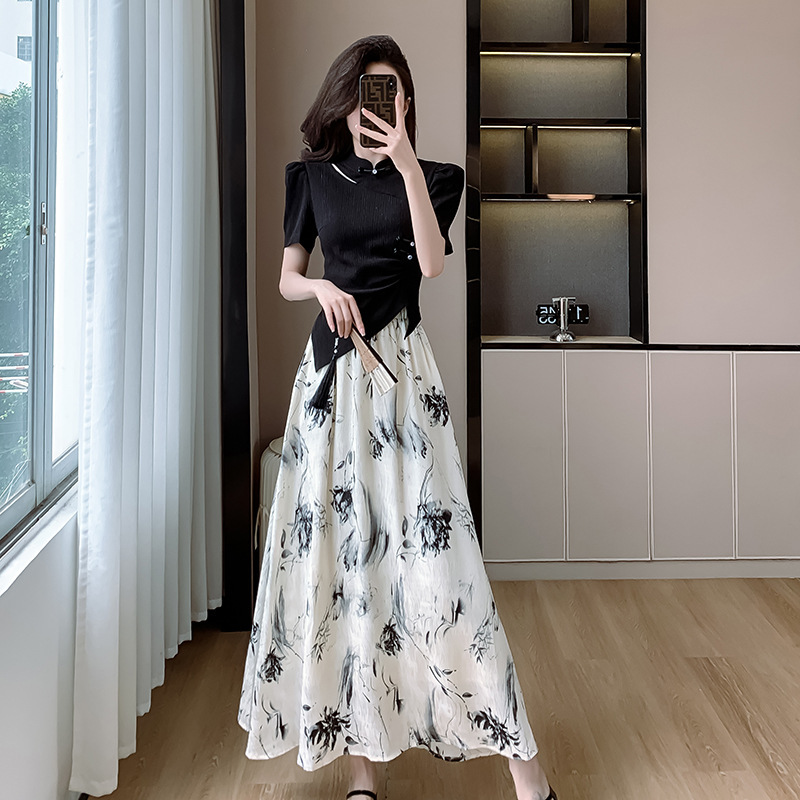 New Chinese Style Chinese Style Ink Ice Silk Culottes Summer New High Waist Loose Thin Slim Look Hose Casual Wide Leg Pants