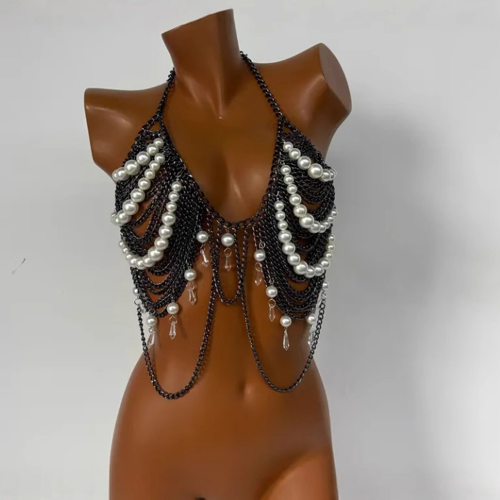 L4819Y Europe and the United States cross-border new black metal chain with pearl fashion stitching neck vest body chain