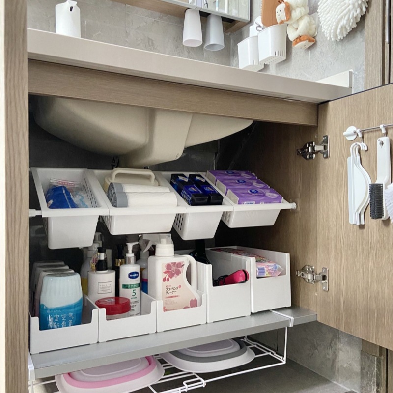 Bathroom Cabinet Layered Partition Shelf Storage Basket Punch-free Telescopic Rod Storage Shelf Lower Sink Artifact