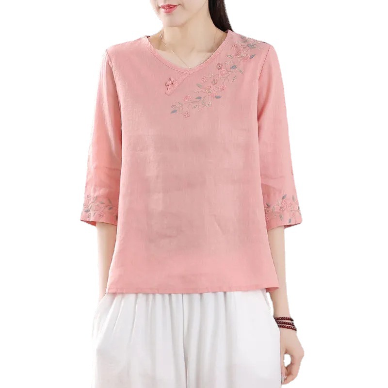 Picture of Vintage Cotton and Linen Embroidered Round Neck Half Sleeve T-shirt Shirt Women's Summer Artistic Loose Slimming Ethnic Style Top