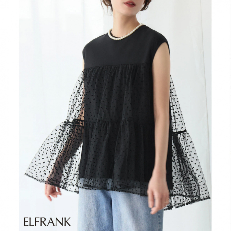 Picture of Foreign Trade Japanese Polka Dot Mesh Splicing Sleeveless Shirt Women's Summer Fashion Sweet Age-Reducing Lace Loose Top