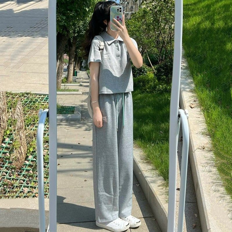 Embroidered Salt Korean Style Loose POLO Short-sleeved Sports suit Summer Student Trousers Running Casual Two-piece Set for Women