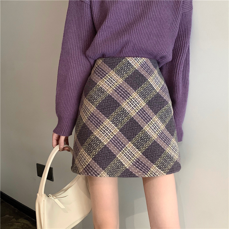 Plaid Woolen Skirt Autumn and Winter Women's Autumn and Winter 2024 Autumn and Winter Skirt Purple A- Line Autumn Skirt Winter Sweater Skirt