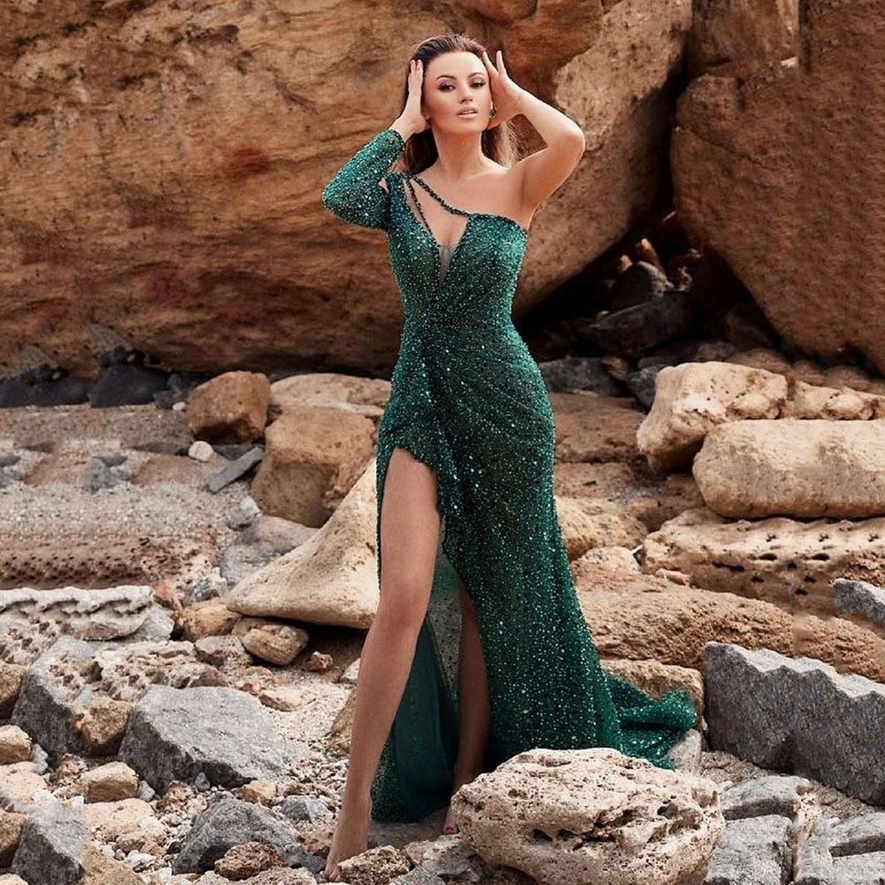Feminine Light Luxury Socialite Sexy Dress High Split Exposed Leg Sequin Evening Dress European and American Single Shoulder Fashion Women's Dress