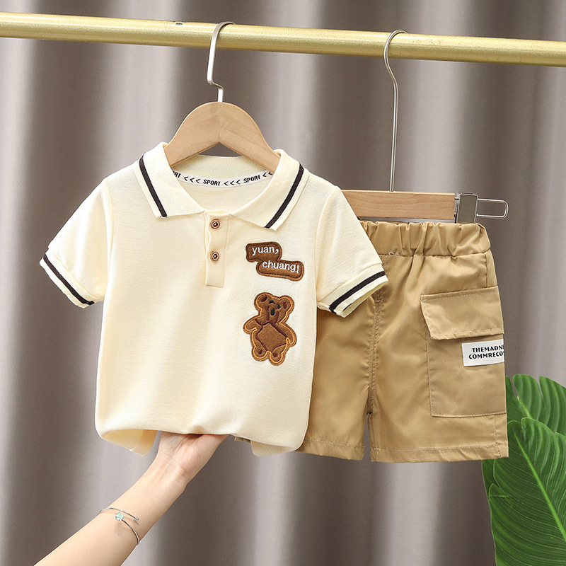 Korean version of summer children's new men's baby clothes wholesale children's cartoon lapel short sleeve shorts two-piece fashion