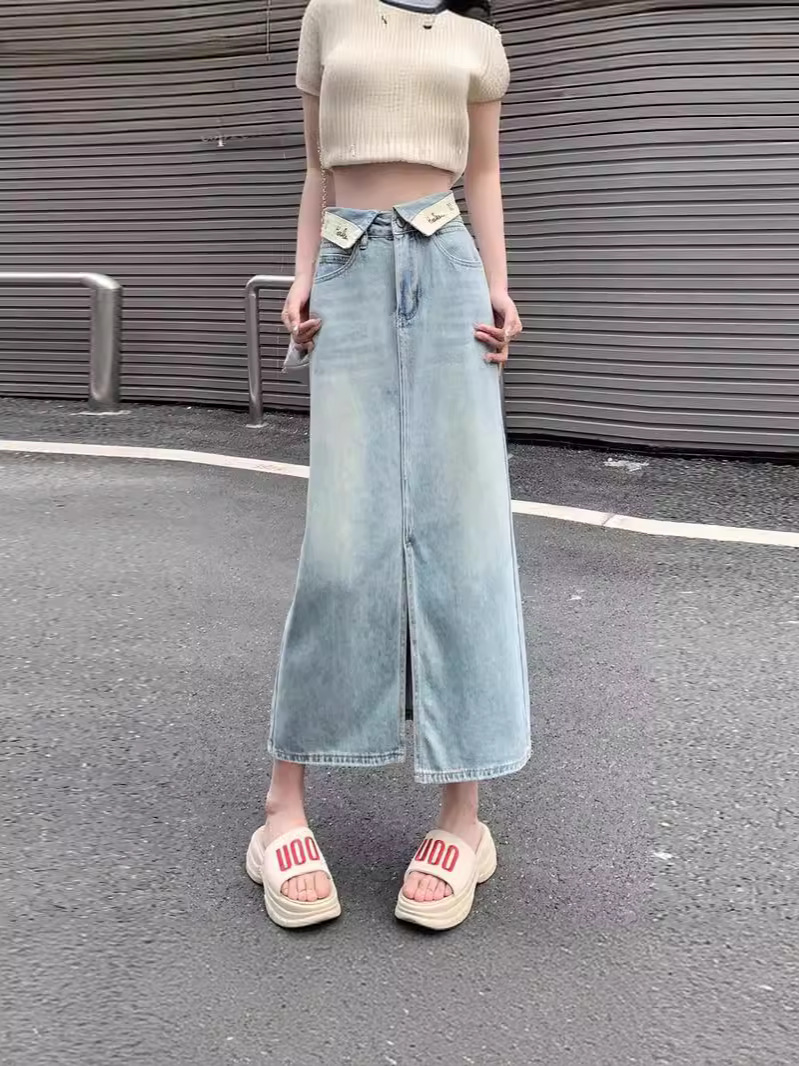 Vintage Denim Skirt Vintage Letter Turn-up High Waist Denim Skirt Women's Split Mid-length A- line Skirt