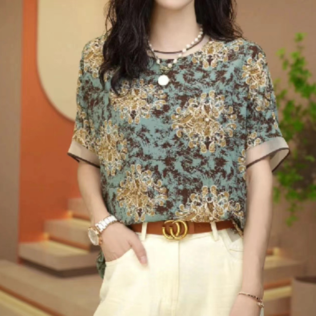 New Chinese Style Retro Printed T-shirt 2024 Summer New High-end Western Style Fashion All-match Slim-fit Round Neck Top