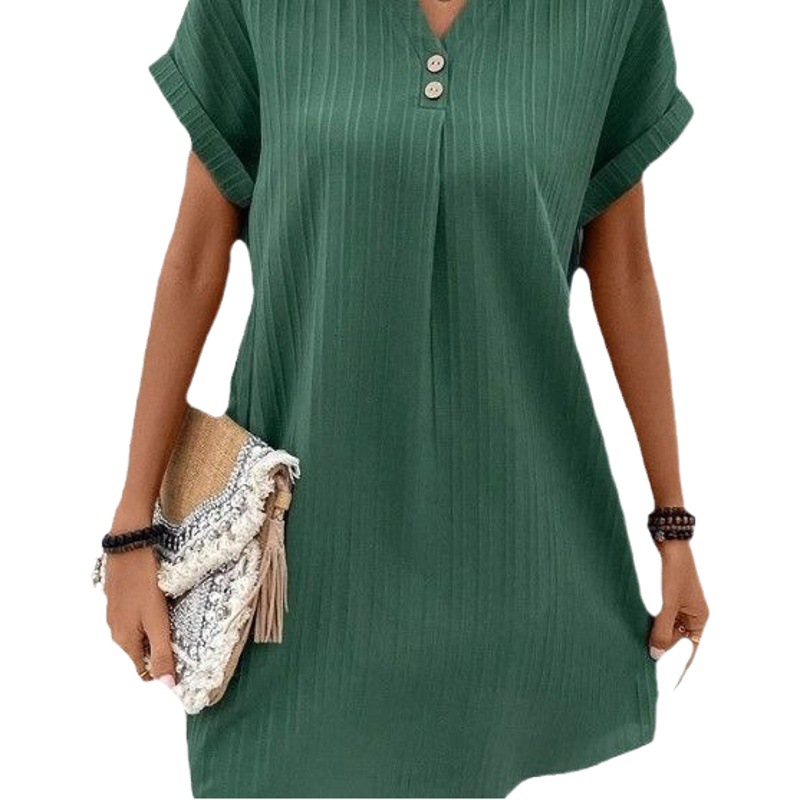 Cross-border European and American Women's 2023 New Amazon V-neck Solid Color Pullover Comfortable Casual Button Dress