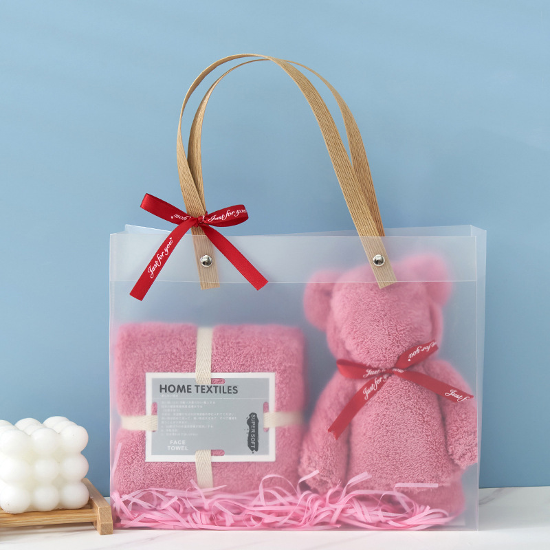 Picture of Coral Velvet Towel Pvc Double Satchel Gift Box Bear Holiday Wedding Souvenir Towel Gift Towel Embroider