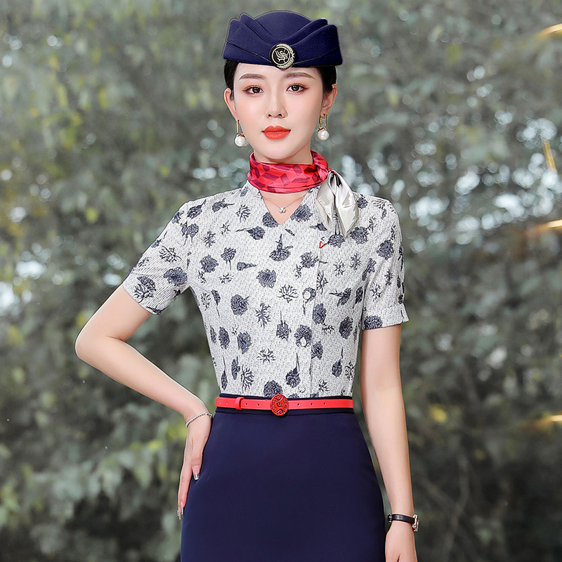 Picture of Factory New Summer Fashion Work Shirt Women's Short-Sleeved Printed Retro Stewardess Professional Shirt Hotel Meal Source Factory