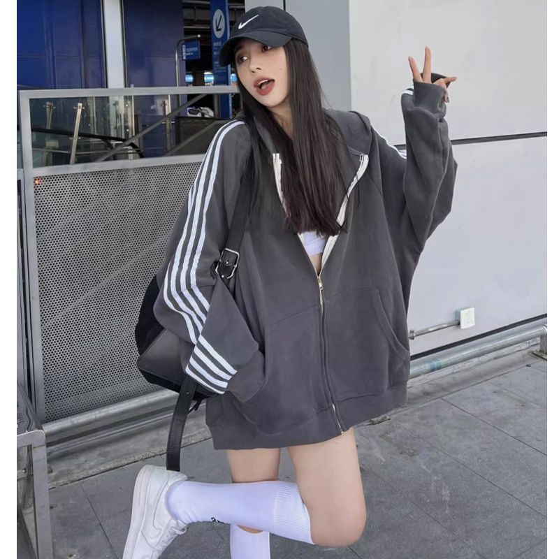 dark gray hooded sweater coat women's 2024 autumn and winter new fleece-lined loose lazy wind zipper cardigan clothes