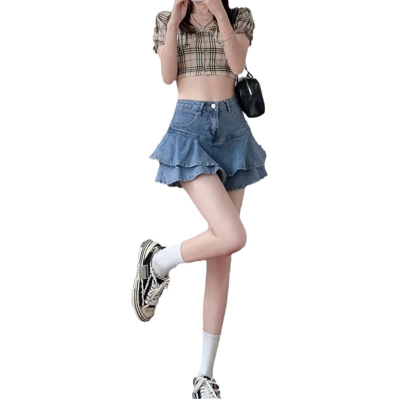 High waist Denim skirt women's hot girl ruffled fishtail skirt summer sweet cool style slimming A- line pleated skirt