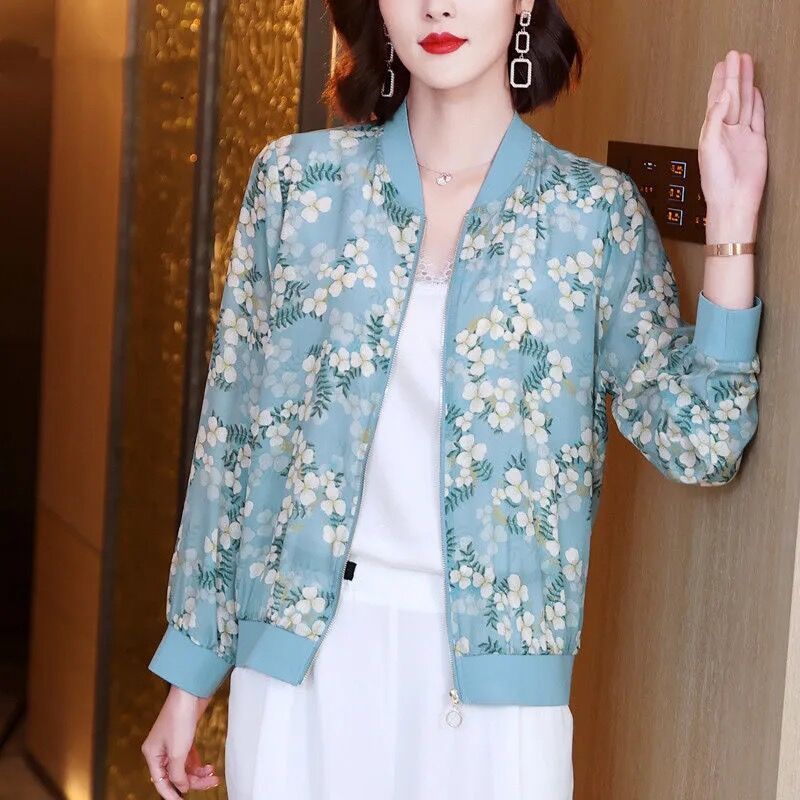 Picture of Floral Chiffon Shirt Summer Long-sleeved Slim-fit Printed Loose Slim-fit Zipper Baseball Suit Coat Fashionable Thin Jacket
