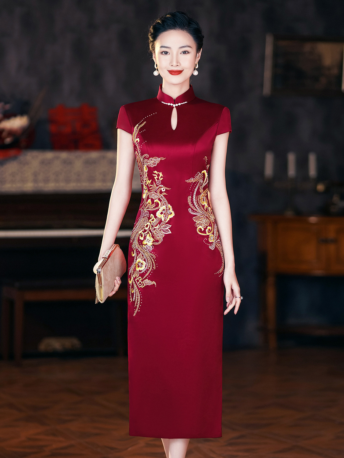 Acetate Cheongsam Noble Happy Mother-in-law Wedding Dress Mid-length High-end Embroidered Summer Improved Mother's Wedding Cheongsam
