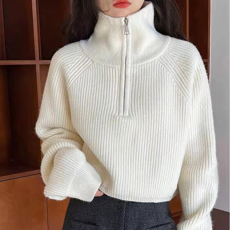 2024 Autumn and Winter New Korean Style Loose Collar Design Sense Half Zipper Short Zipper Thickened Knitted Sweater for Women