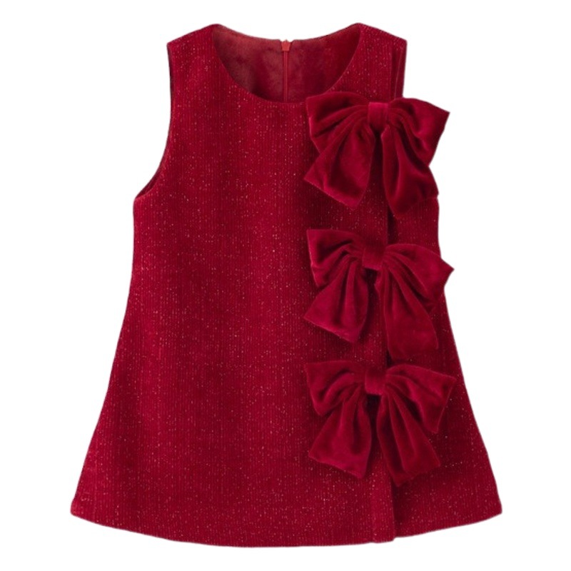 Autumn and Winter new dress Western style girls' Chanel style fleece-lined thickened bottoming flower bow festive New Year greeting clothes