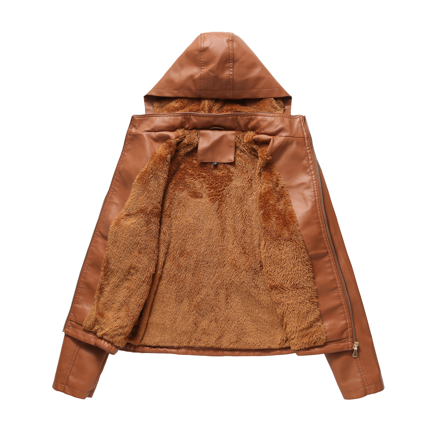 Picture of Fall 2022 Winter Hooded Leather Women's Removable Hat Zipper Long-sleeved fleece-lined Leather Jacket European-size Slim-fit Jacket Cross-border