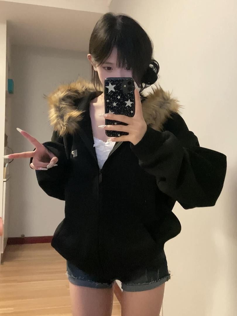 American vintage high street fur collar hooded sweatshirt for women, oversized for spring and autumn, thick for autumn and winter, cardigan baseball jacket
