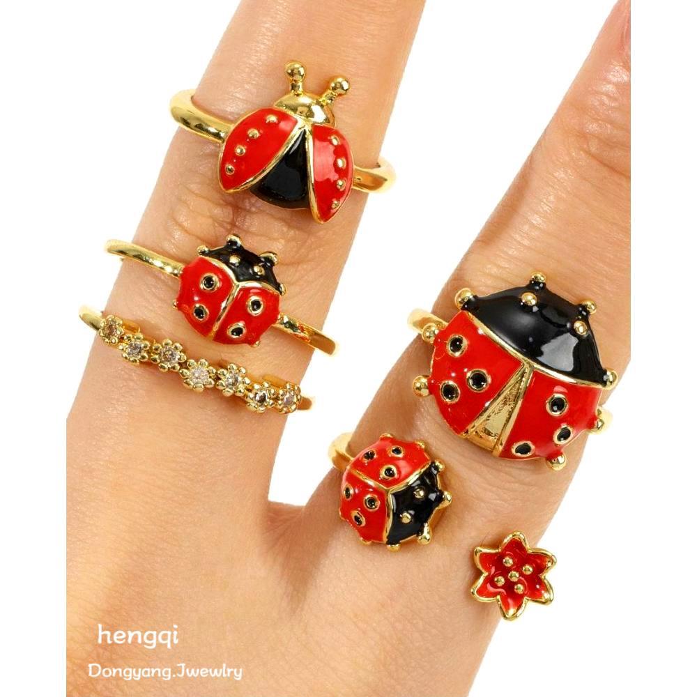 European and American Cross-Border Colorful Oil-Dropping Seven-Star Ladybug Ring Personalized Ins Insect Beetle Ring Opening